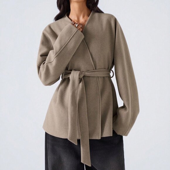 Khaki Elegant Women's Plus Size Cinched Waist Hooded Poncho Overcoat - Picture 4 of 6